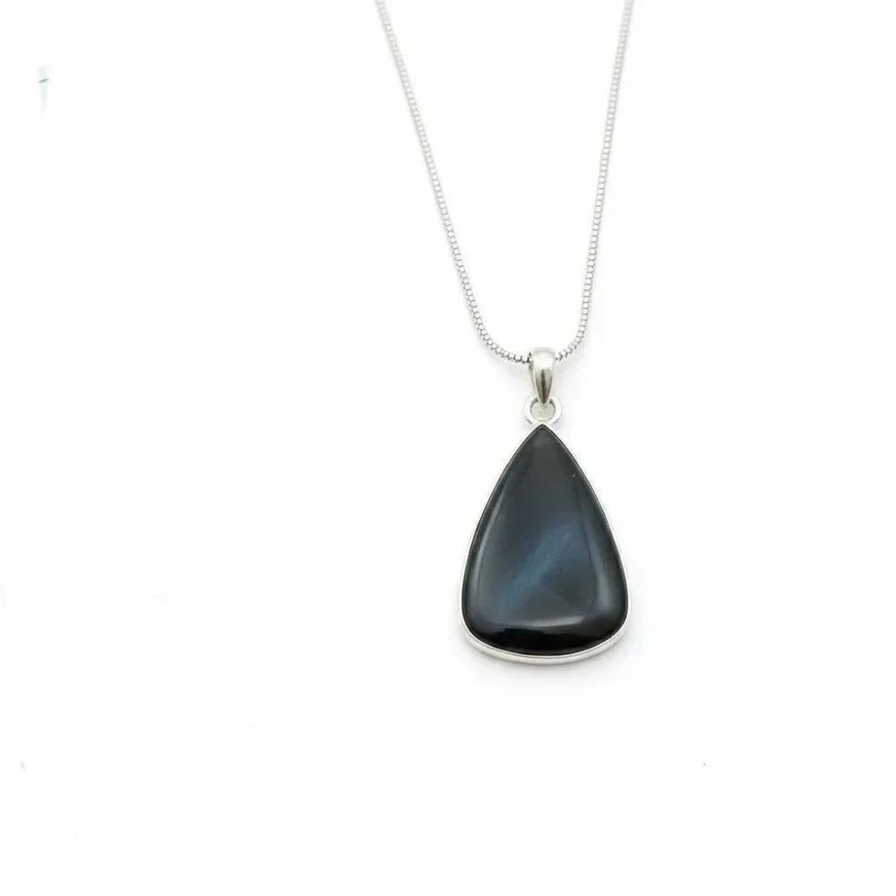 RARE Black Cat's Eye Pendant Necklace | Sterling Silver Teardrop Cabochon Stone